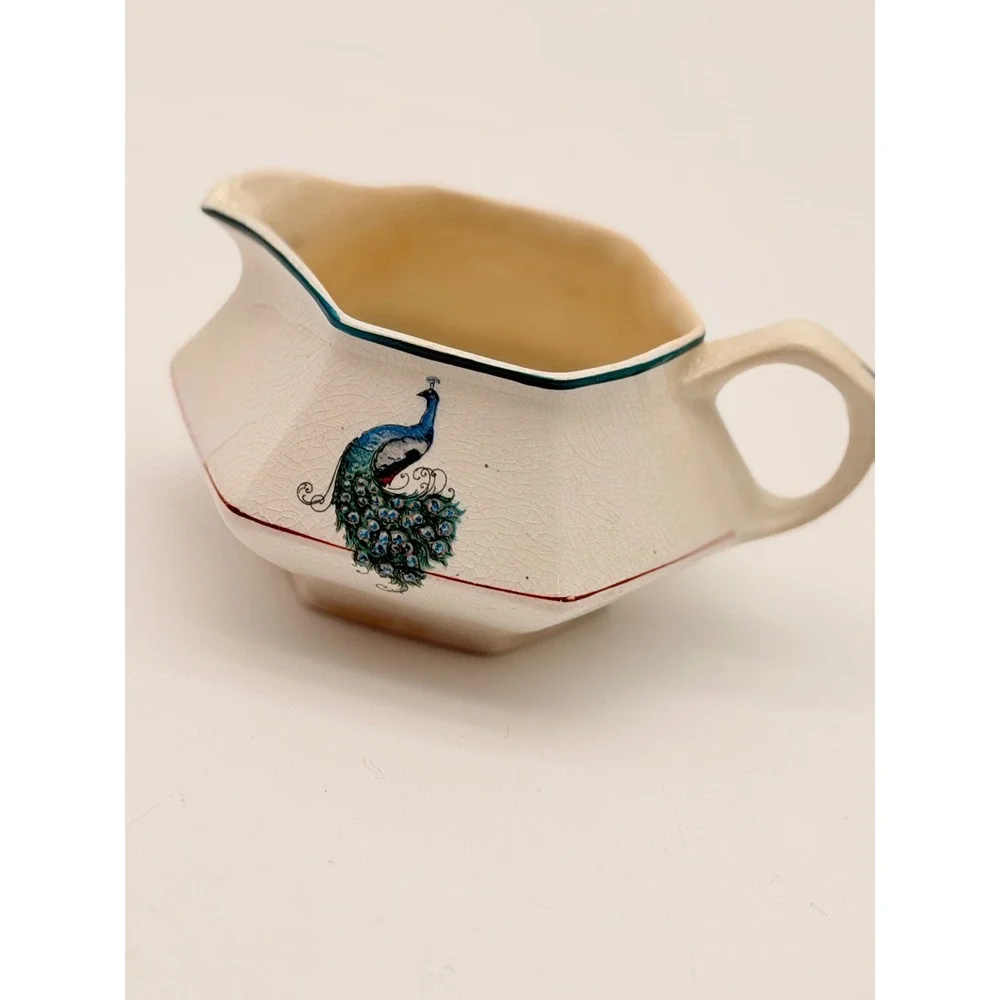 Vintage Hexagonal Peacock Ceramic Creamer Pitcher Cream Blue Art Deco 5117X